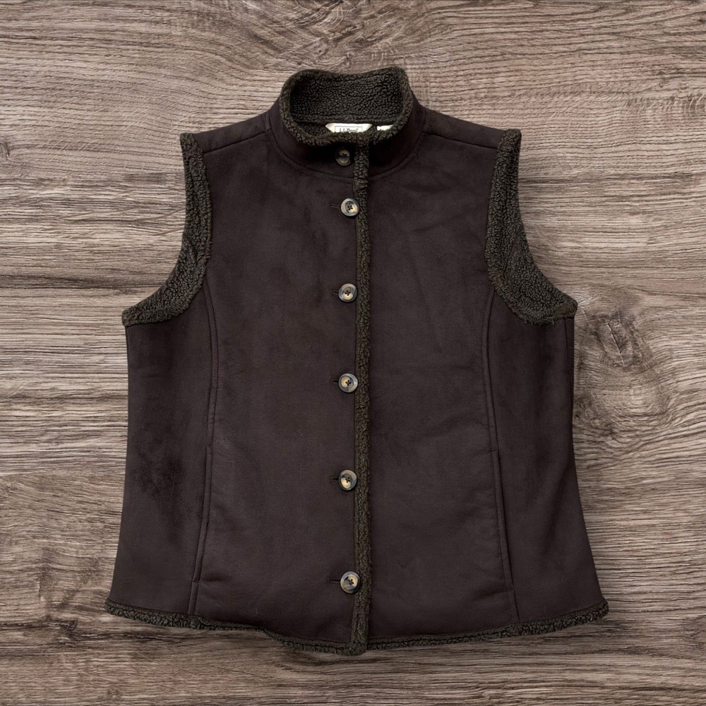 Vtg LL Bean Womens Large Faux Suede Sherpa Lined Vest Brown Button Front WL08